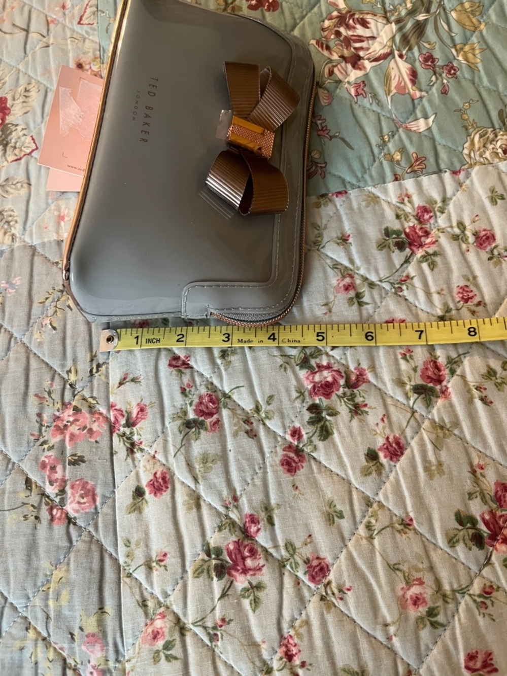 Ted Baker Grey Patent Cosmetic Pouch with Rose Gold Bow - Picture 9 of 9